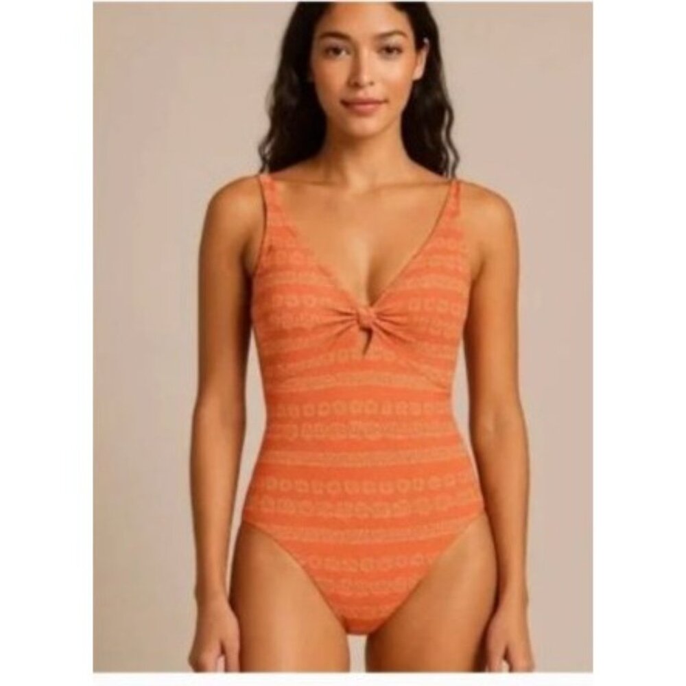 Robin Piccone Ava swimsuit Plunge Neck Tie-Front 1 pc Orange womens size 8 new